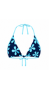 A halter bikini top with a navy blue base and a light blue floral pattern, shown against a plain white background.