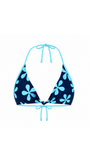 A halter bikini top with a navy blue base and a light blue floral pattern, shown against a plain white background.