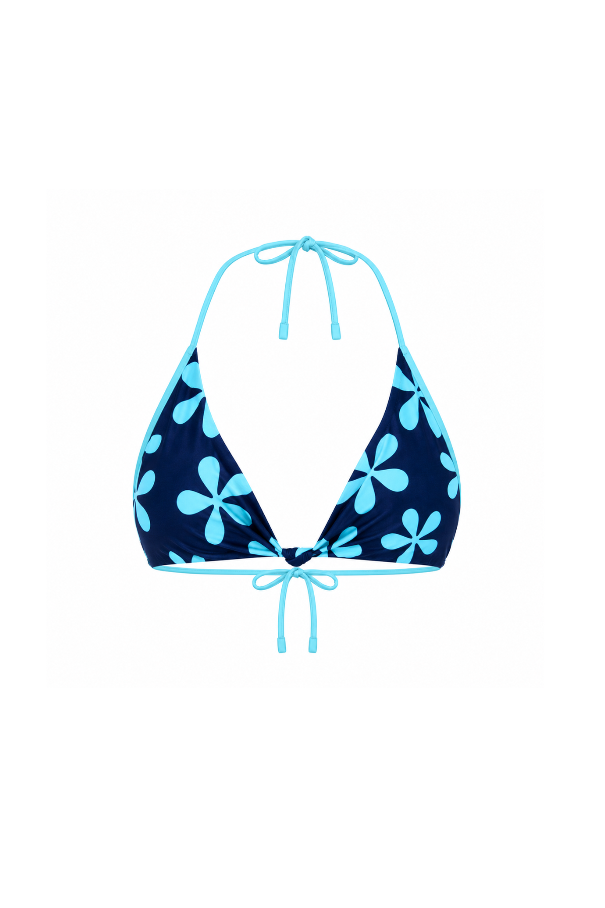 A halter bikini top with a navy blue base and a light blue floral pattern, shown against a plain white background.