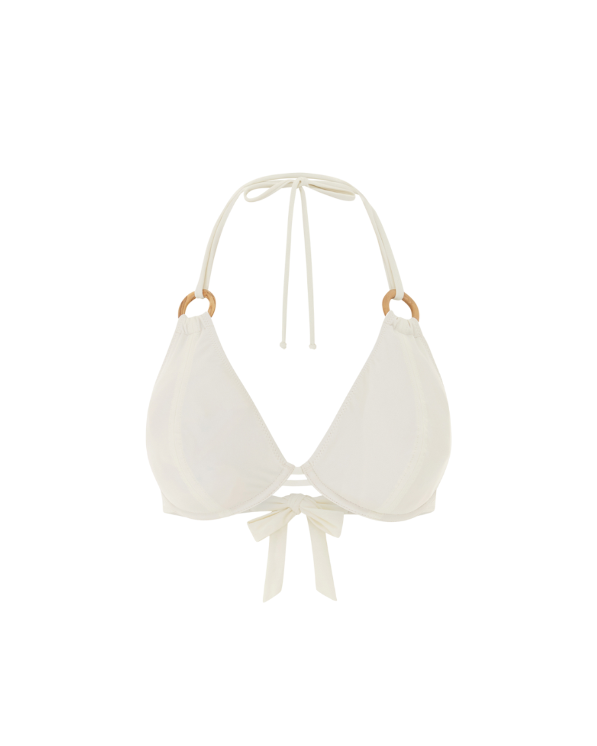 White bikini top with thin straps on a white background