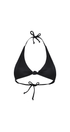 Black bikini top with halter neck design on a white background