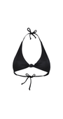 Black bikini top with halter neck design on a white background