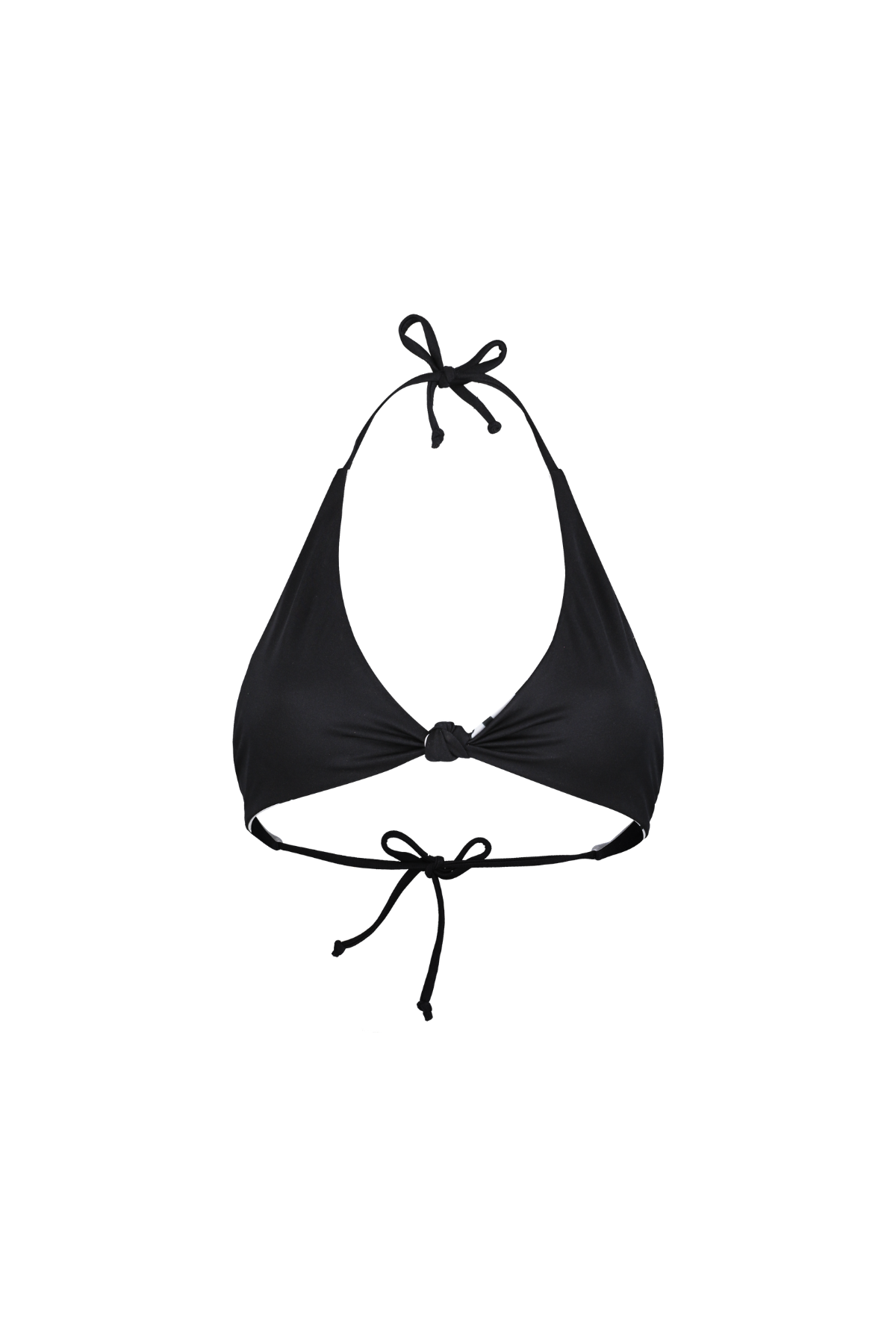 Black bikini top with halter neck design on a white background