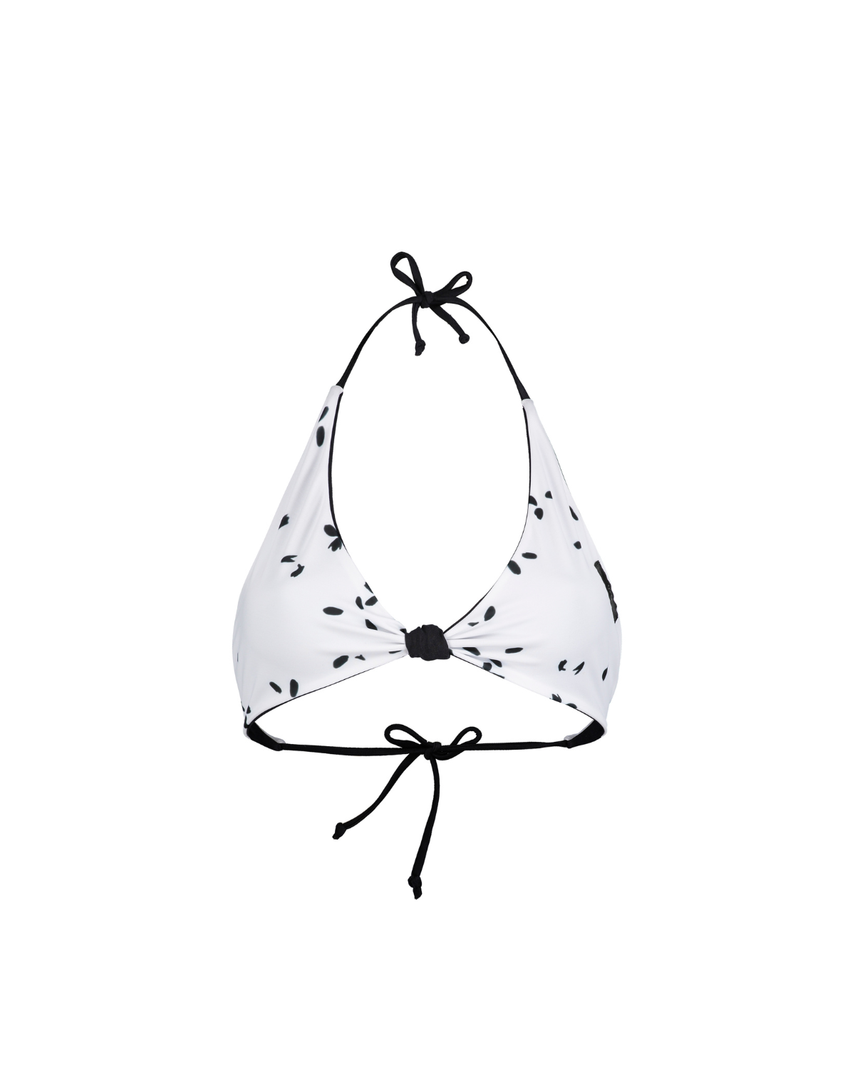 black and white bikini top with a signature knot design