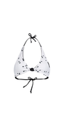 black and white bikini top with a signature knot design