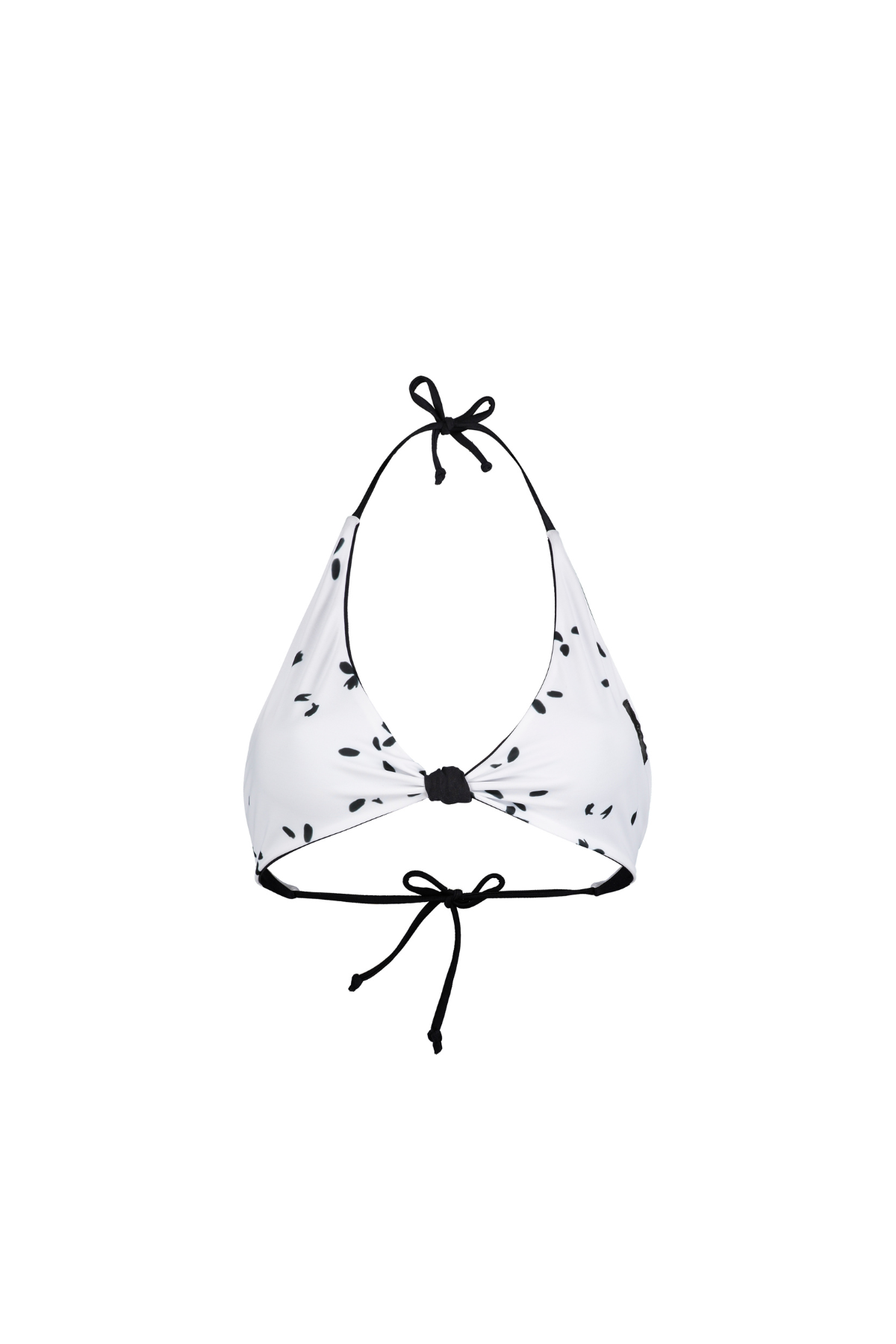 black and white bikini top with a signature knot design