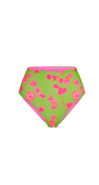 high waisted bikini bottom in a green and pink floral print
