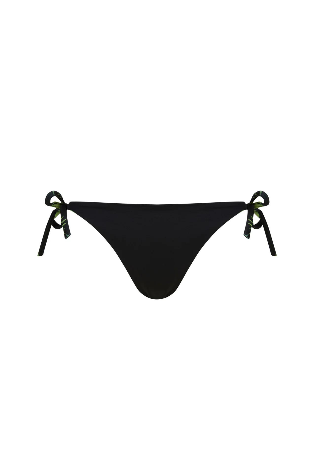 Black bikini bottom with string ties on a white background