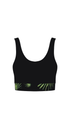 Black active bikini top with green palm leaf design on a white background