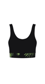 Black active bikini top with green palm leaf design on a white background