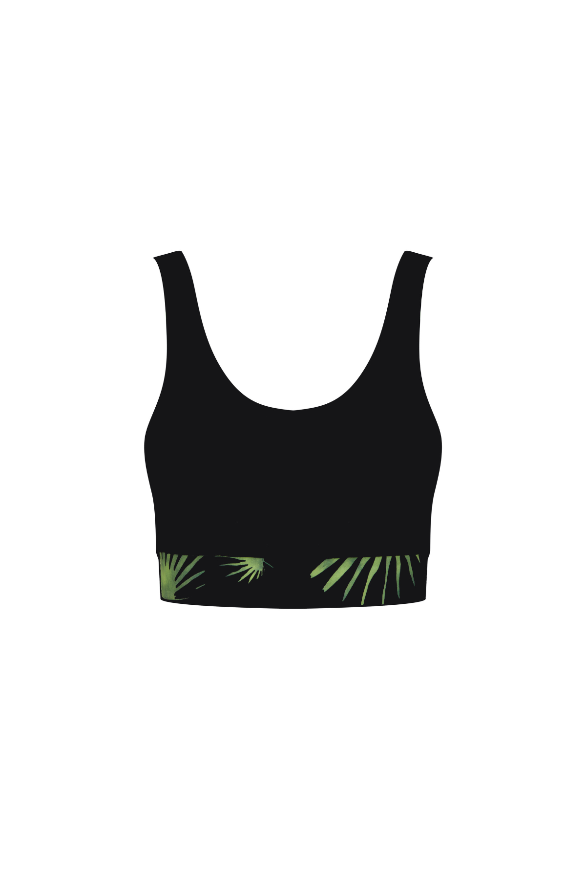 Black active bikini top with green palm leaf design on a white background
