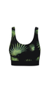 Black active top with green palm leaf pattern on a white background