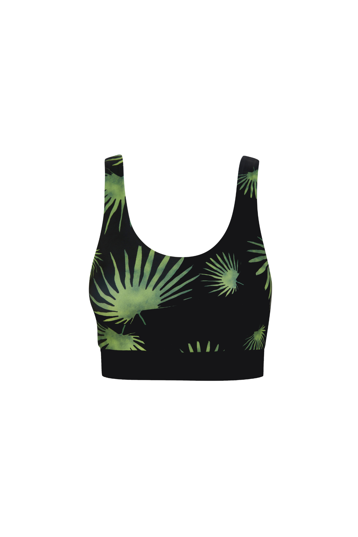 Black active top with green palm leaf pattern on a white background