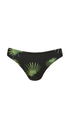 Black bikini bottom with green leaf pattern on a white background