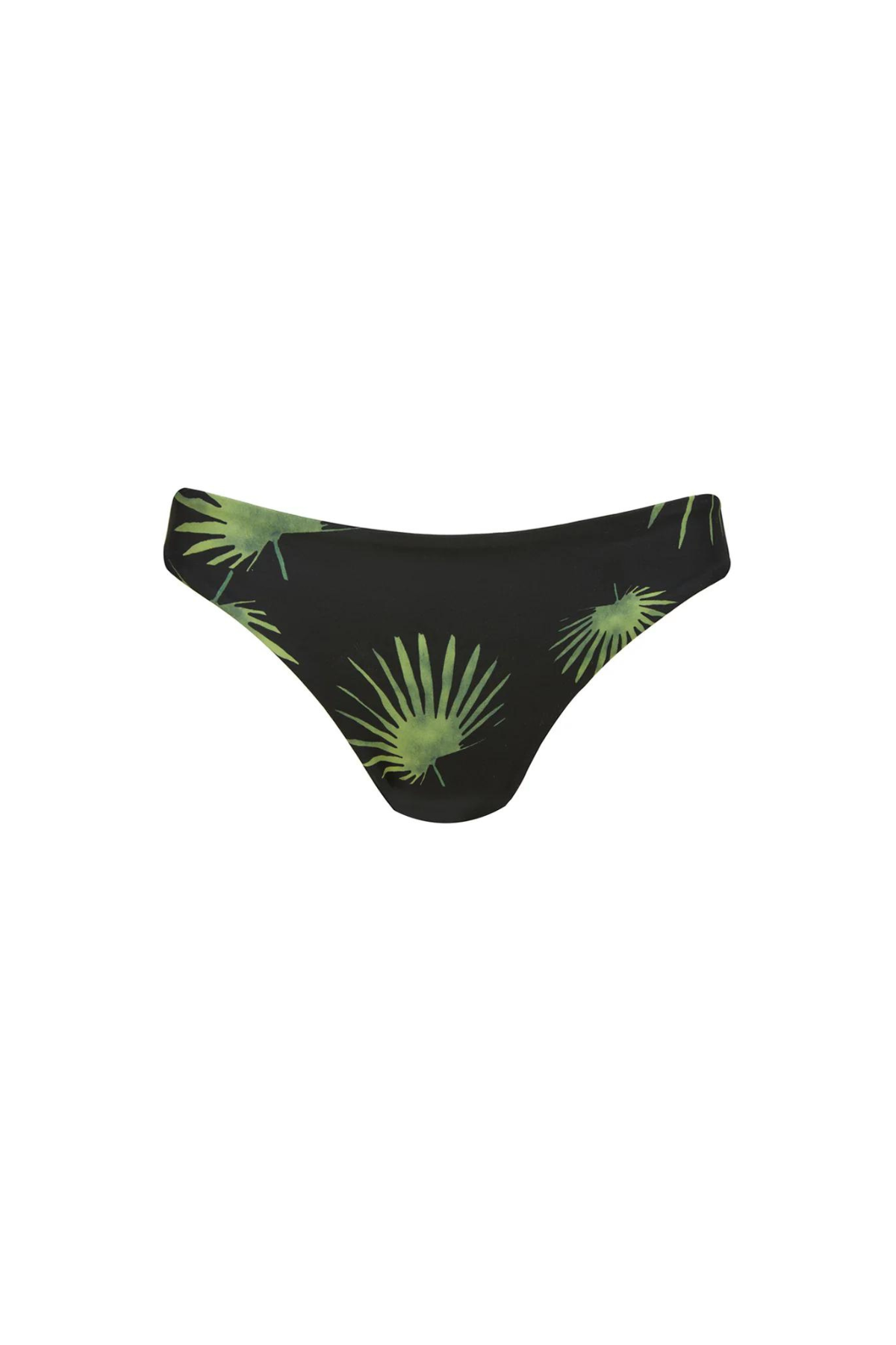 Black bikini bottom with green leaf pattern on a white background