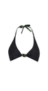Black bikini top with green accents on a white background
