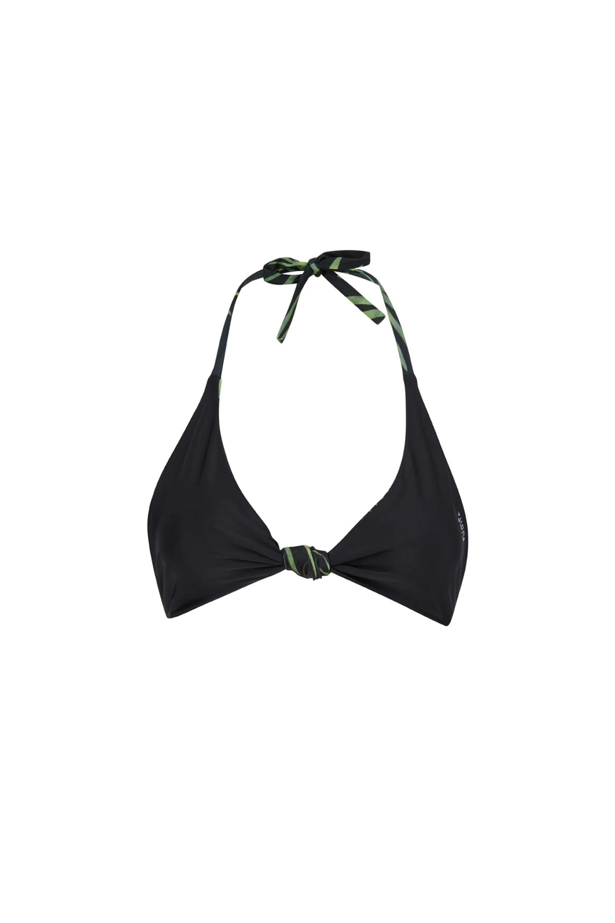 Black bikini top with green accents on a white background