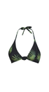 Black bikini top with green leaf pattern on a white background