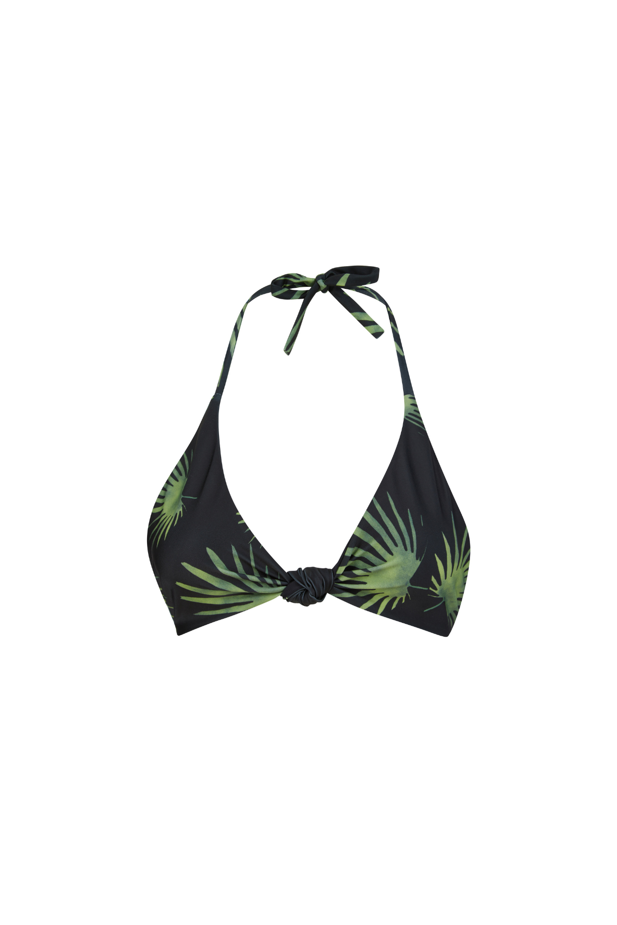 Black bikini top with green leaf pattern on a white background