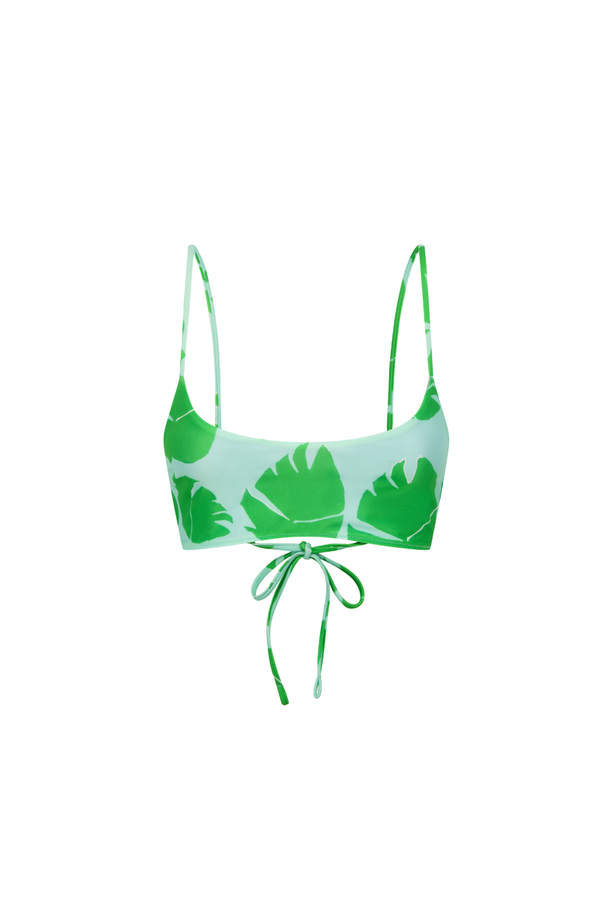 Green and white leaf-patterned bikini top on a white background