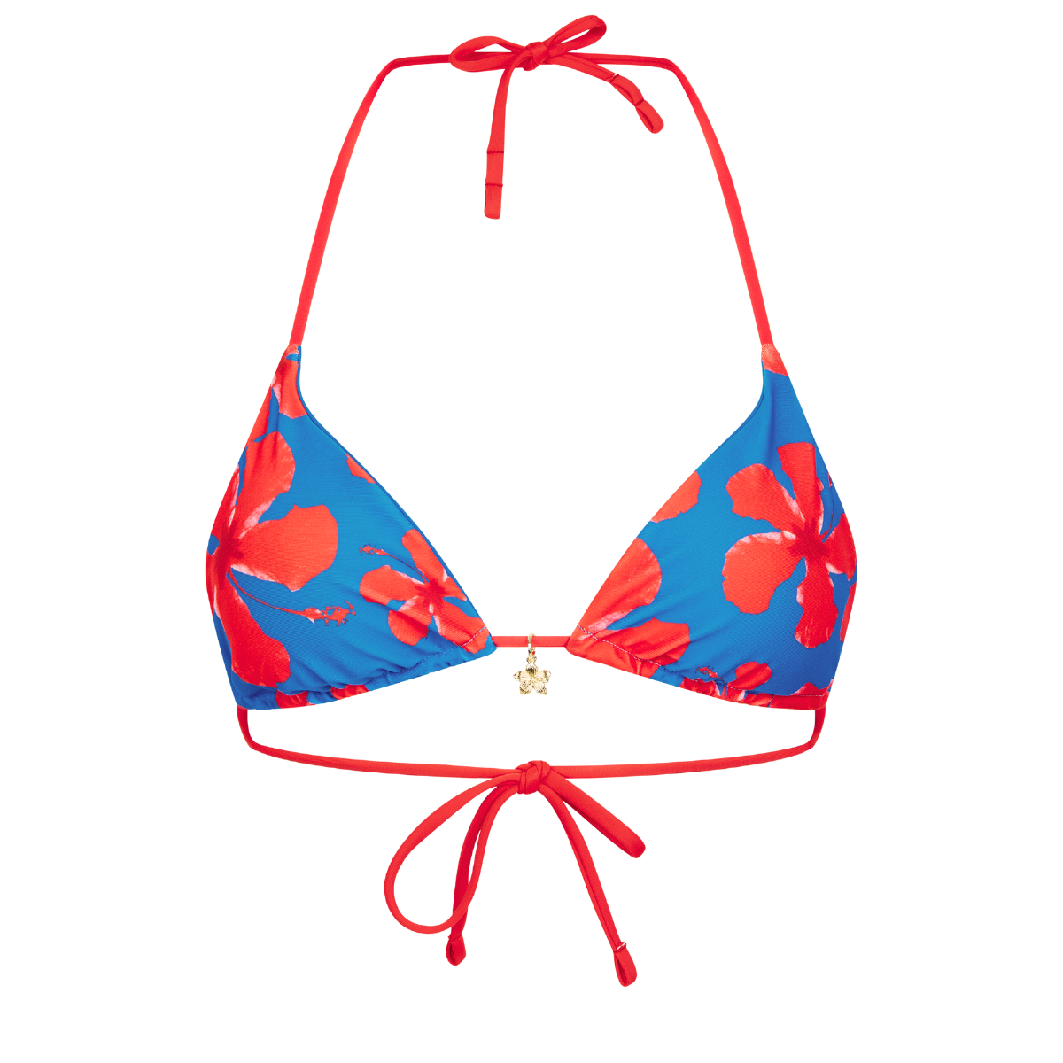 Triangular bikini top with red floral pattern on a white background
