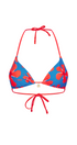 Triangular bikini top with red floral pattern on a white background