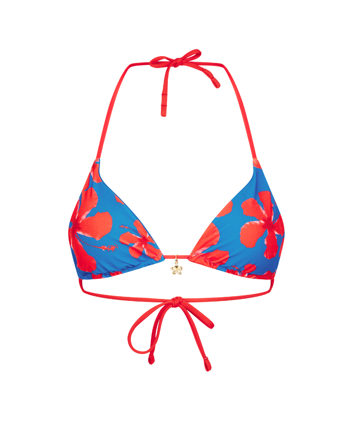 Triangular bikini top with red floral pattern on a white background