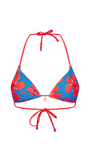 Triangular bikini top with red floral pattern on a white background