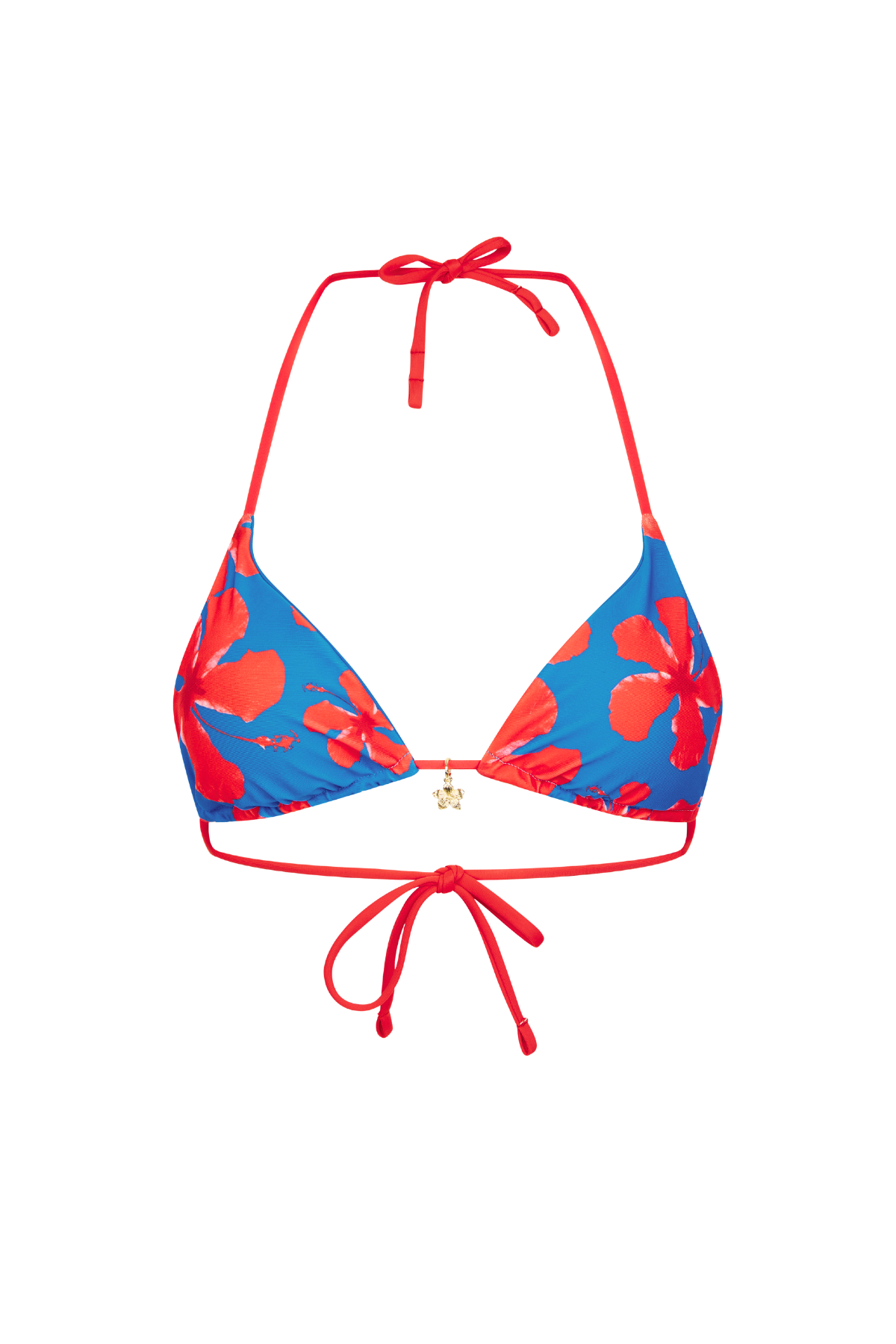 Triangular bikini top with red floral pattern on a white background