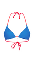 Blue bikini top with red straps on a white background