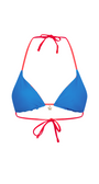 Blue bikini top with red straps on a white background