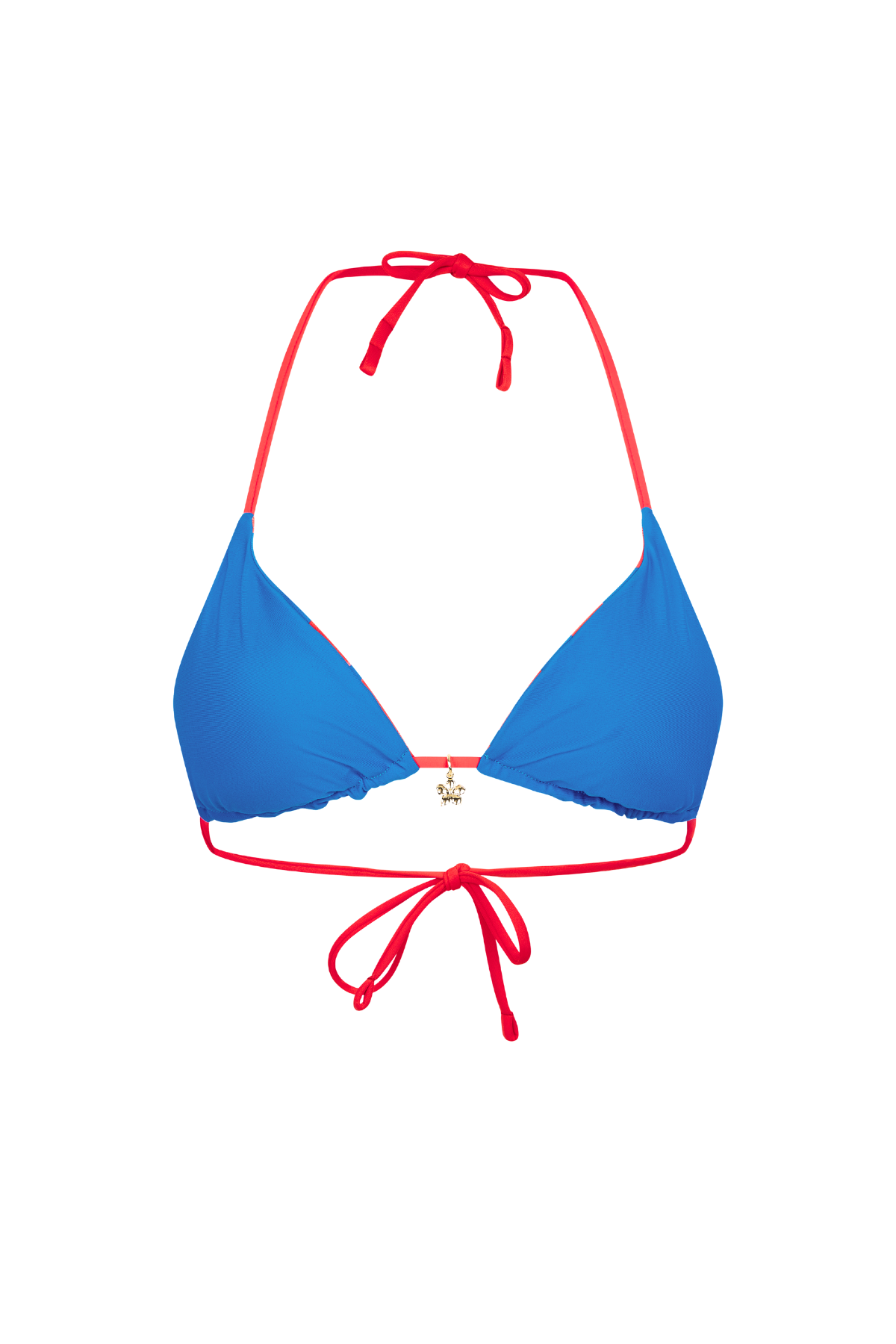 Blue bikini top with red straps on a white background