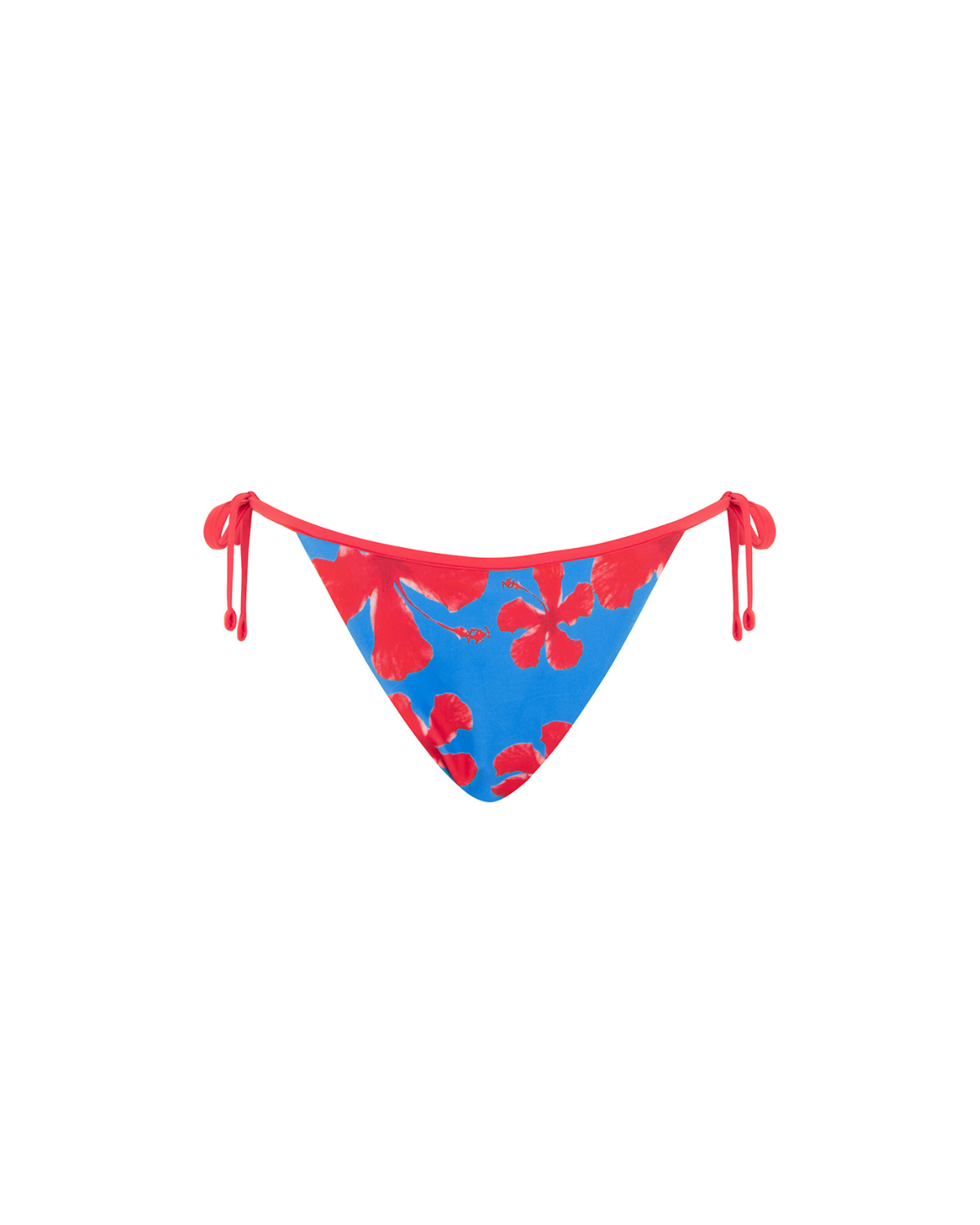Red and blue tropical bikini bottom on a white background