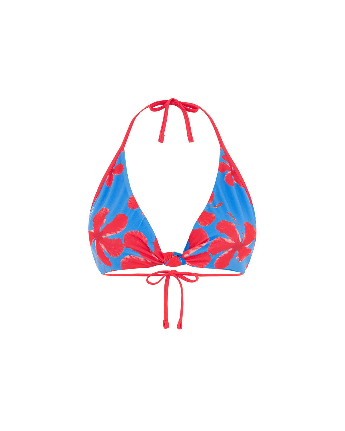 Red and blue floral bikini top on a white background