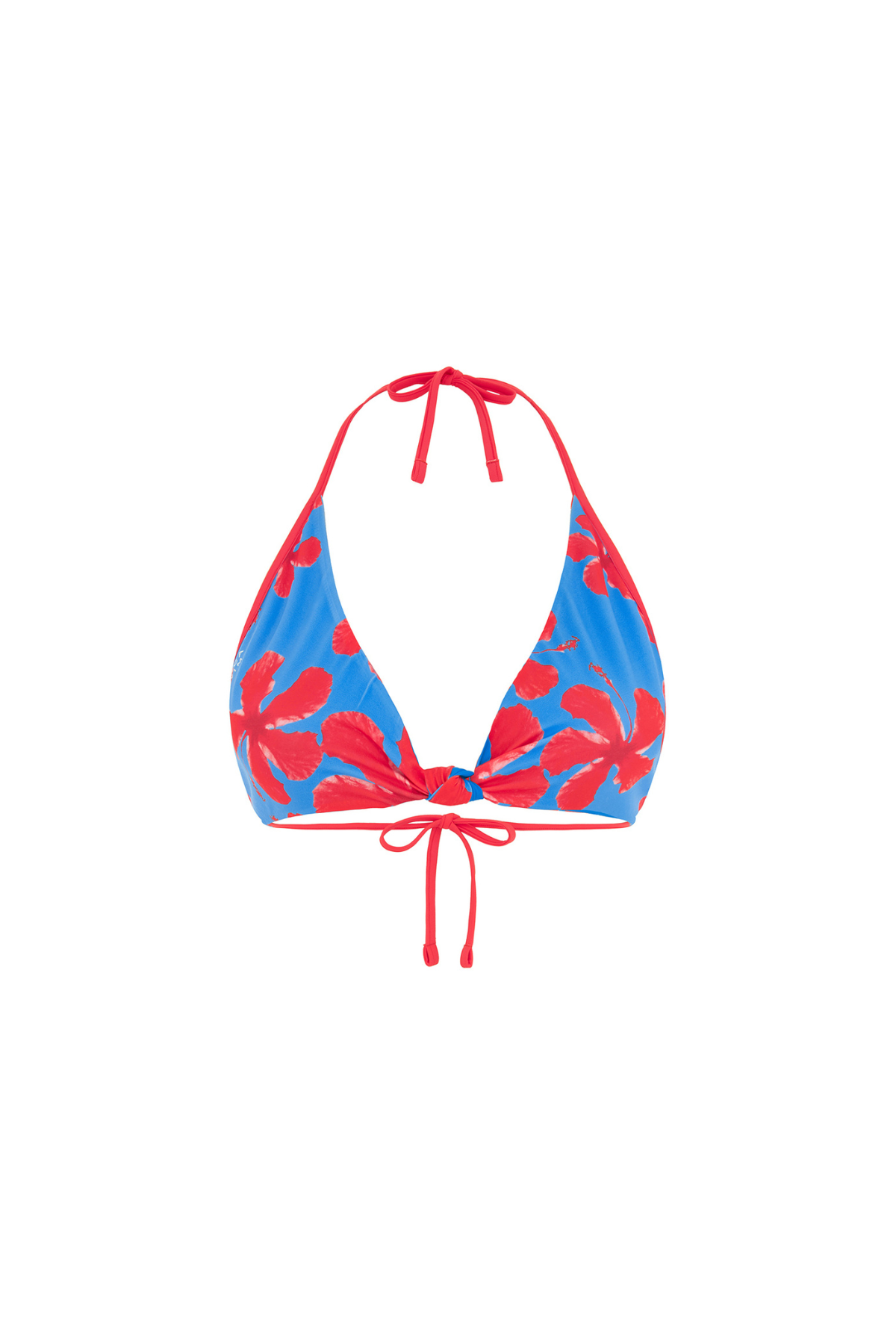 Red and blue floral bikini top on a white background