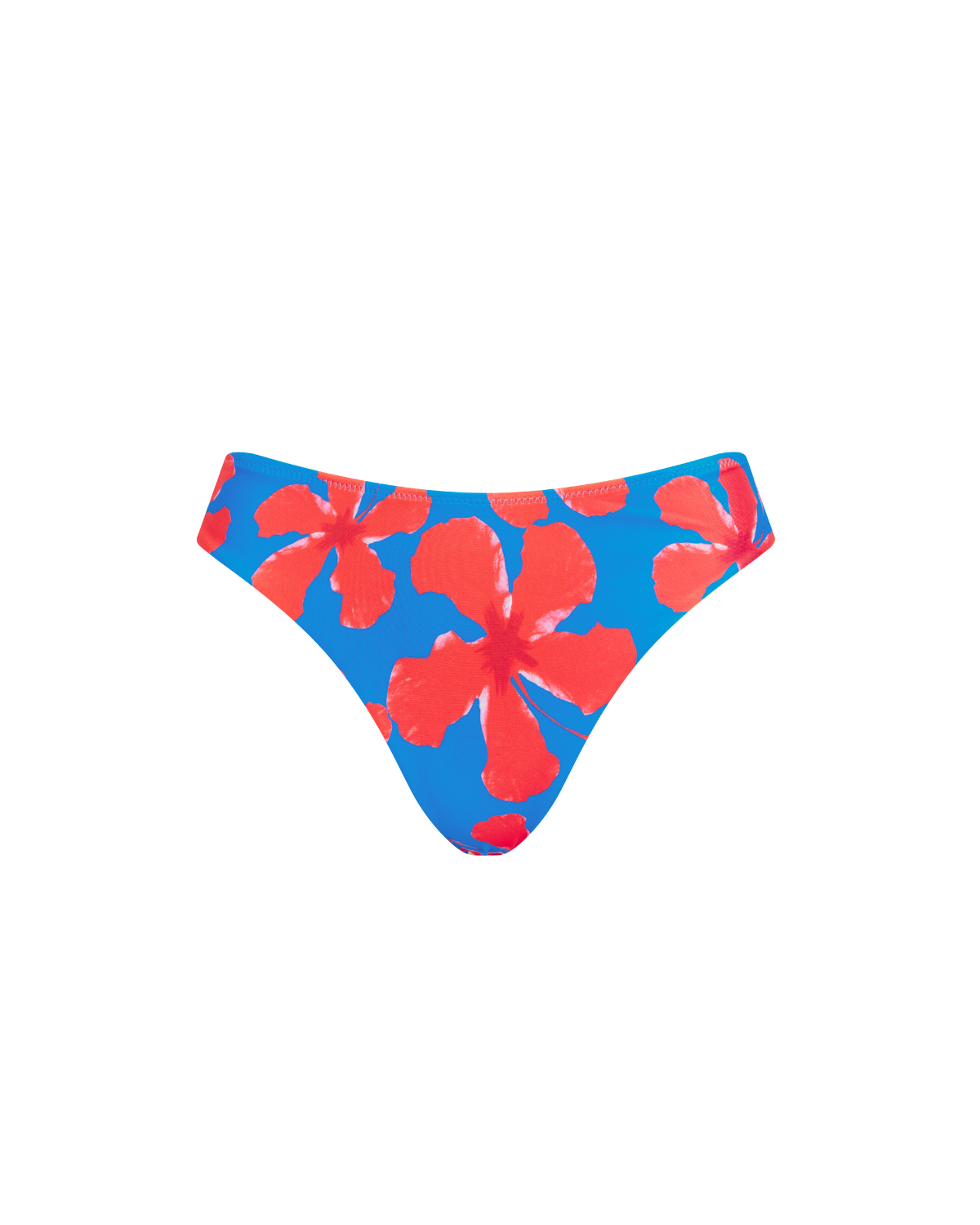 Blue bikini bottom with red hibiscus pattern on a white background