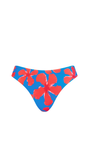 Blue bikini bottom with red hibiscus pattern on a white background