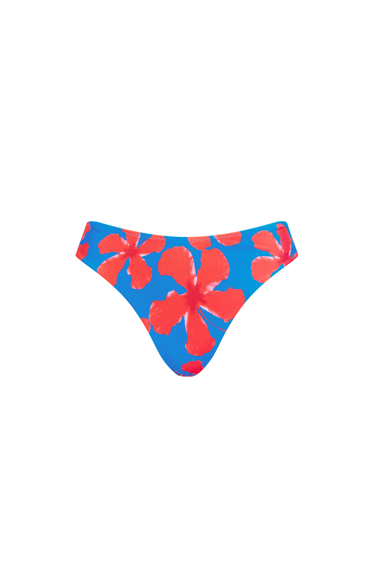 Blue bikini bottom with red hibiscus pattern on a white background
