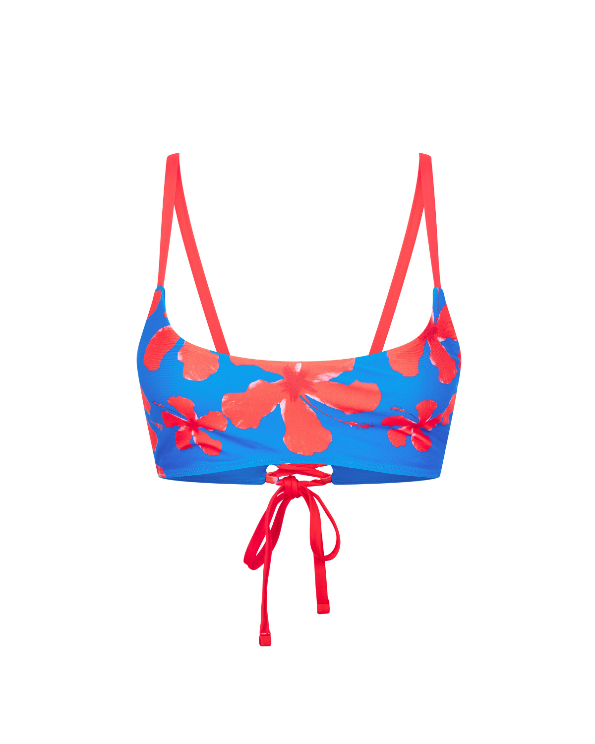 Bright bikini design with hibiscus flowers and contrasting red straps.