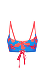 Bright bikini design with hibiscus flowers and contrasting red straps.