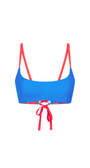 Blue bikini top with red straps on a white background