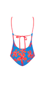 Blue and red tropical hibiscus swimsuit on a white background
