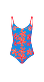 Blue swimsuit with red tropical hibiscus pattern on a white background