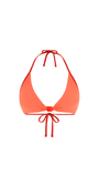 Orange bikini top with halter neck design on a white background