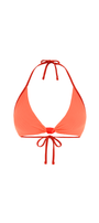 Orange bikini top with halter neck design on a white background