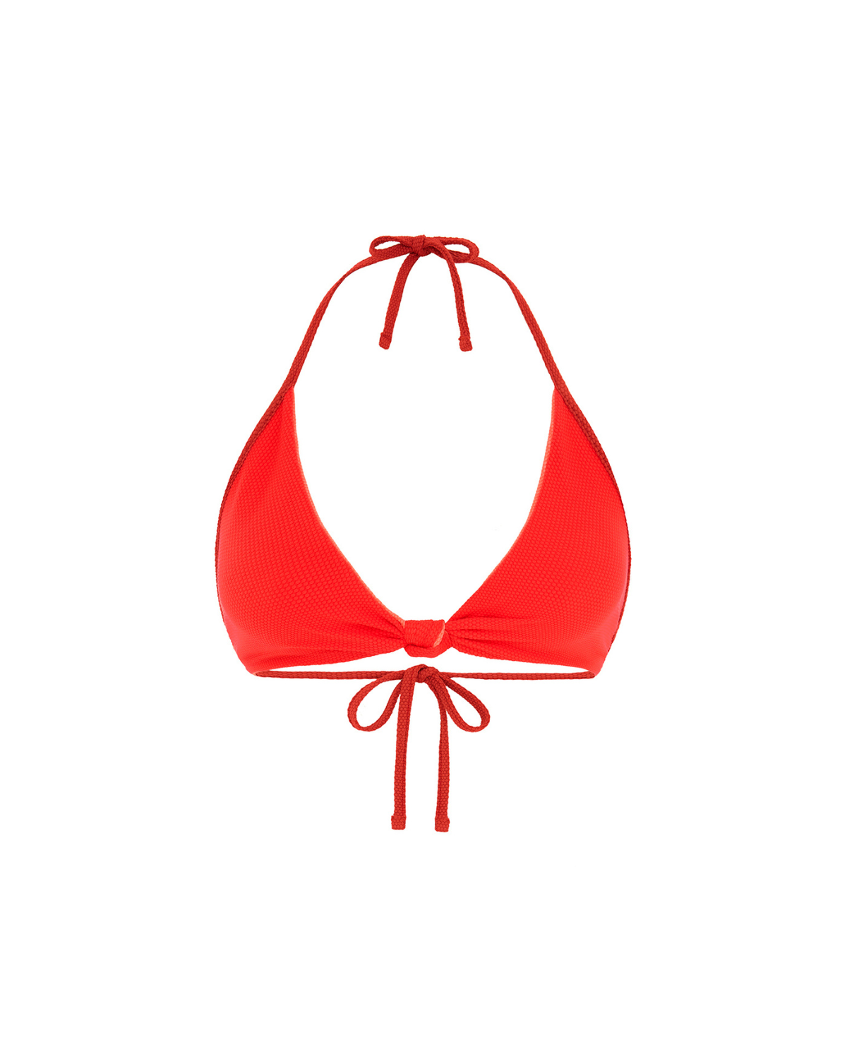 Red textured bikini top with halter neck design on a white background