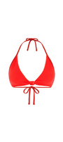 Red textured bikini top with halter neck design on a white background