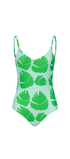 Green leaf-patterned swimsuit on a white background