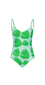 Green leaf-patterned swimsuit on a white background