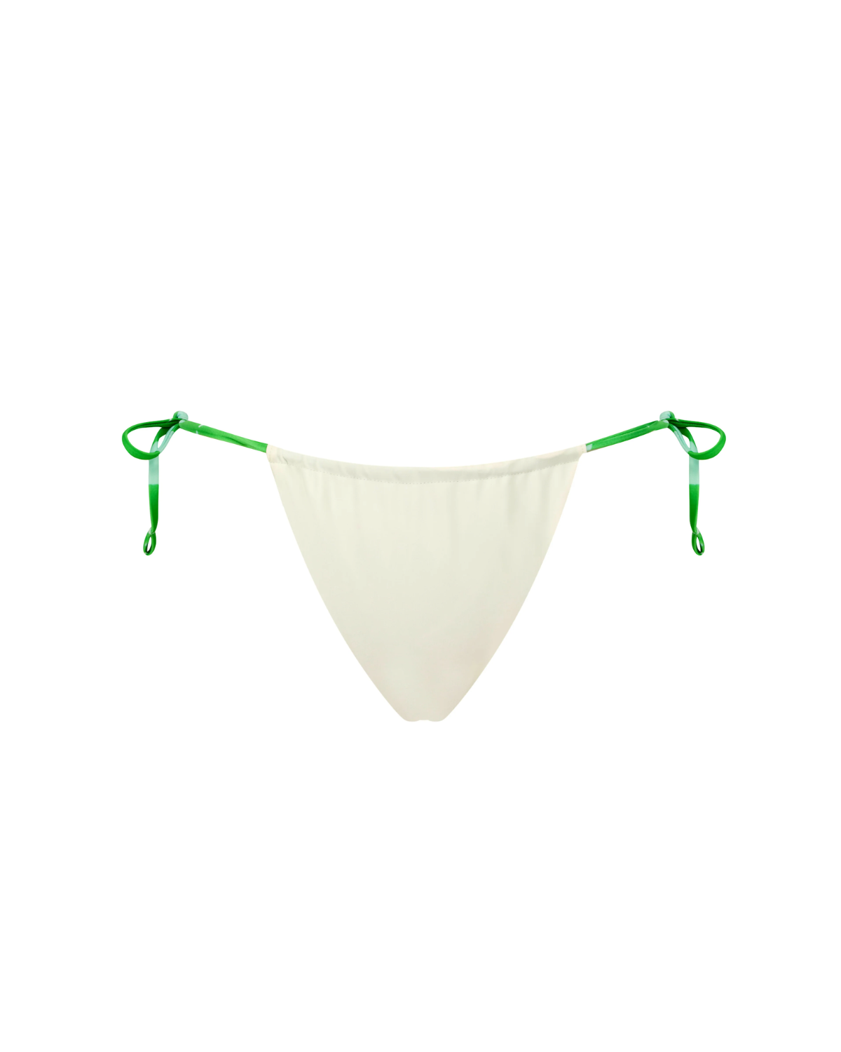 White bikini bottom with green straps on a white background